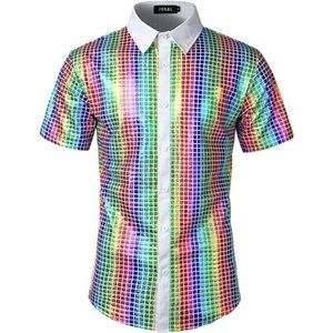 70s Disco Costume Silver Sequins Short Sleeve Button Down Shirt,White Multicolor